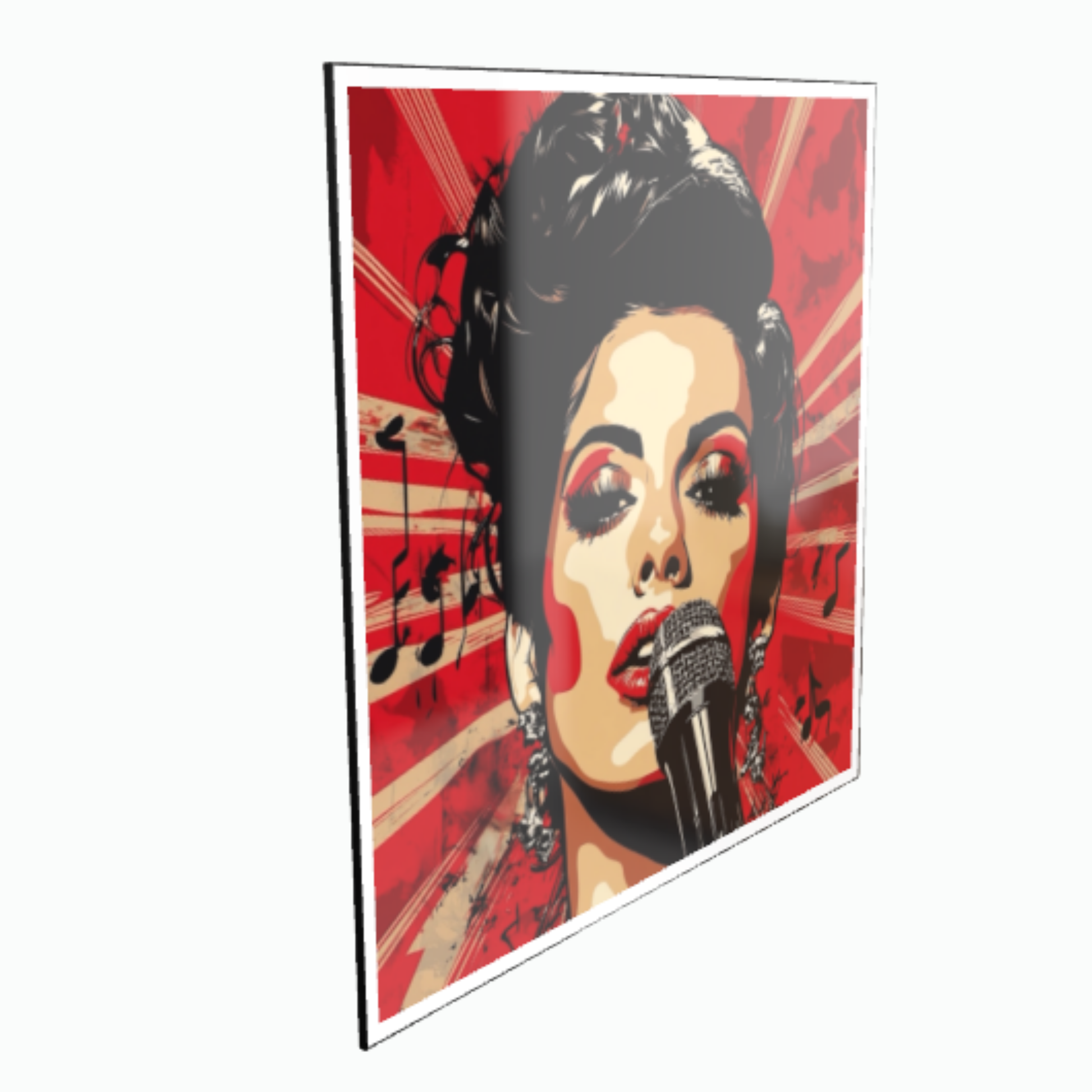 Pop-Art-Portrait einer legendären Soul Diva (A. Winehouse) mit Hochsteckfrisur und Mikrofon vor einem rot-strahlenförmigen Hintergrund mit Notensymbolen, gerahmt in Schwarz.