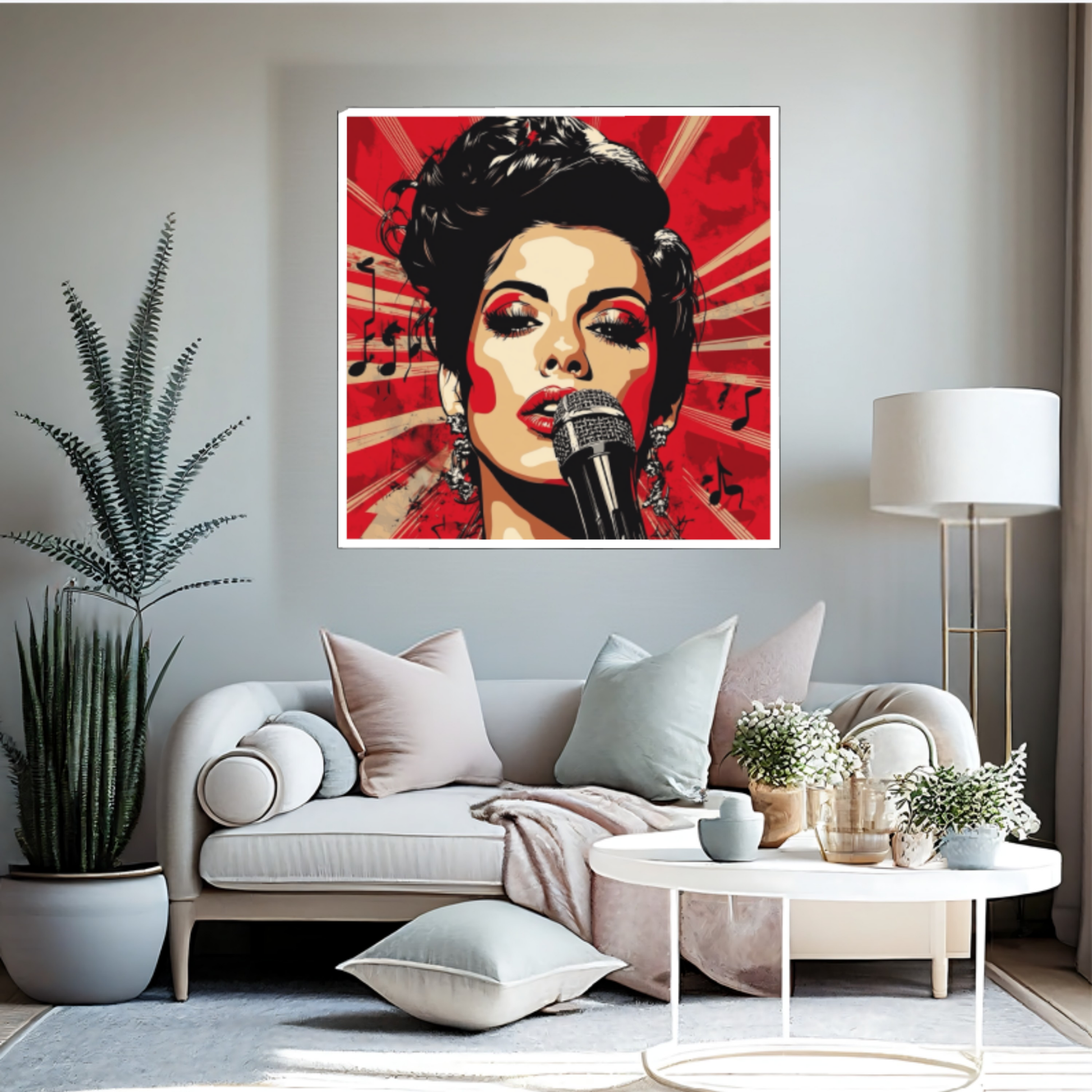 Pop-Art-Portrait einer legendären Soul Diva (A. Winehouse) mit Hochsteckfrisur und Mikrofon vor einem rot-strahlenförmigen Hintergrund mit Notensymbolen, gerahmt in Schwarz.