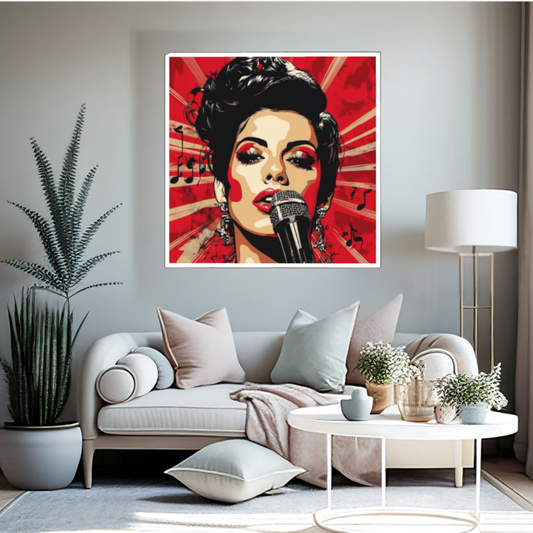 Pop-Art-Portrait einer legendären Soul Diva (A. Winehouse) mit Hochsteckfrisur und Mikrofon vor einem rot-strahlenförmigen Hintergrund mit Notensymbolen, gerahmt in Schwarz.