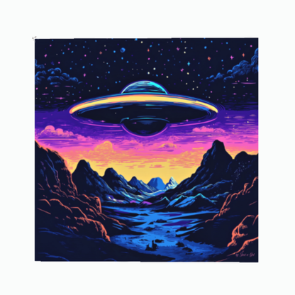 Pop-Art-Illustration eines leuchtenden UFOs im Synthwave-Stil, das über einer dunklen Silhouetten-Berglandschaft vor einem neongelben und violetten Nachthimmel mit leuchtenden Sternen schwebt.