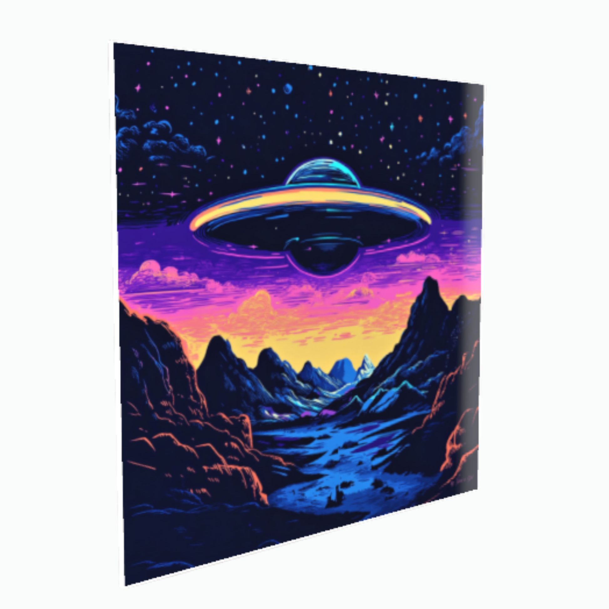 Pop-Art-Illustration eines leuchtenden UFOs im Synthwave-Stil, das über einer dunklen Silhouetten-Berglandschaft vor einem neongelben und violetten Nachthimmel mit leuchtenden Sternen schwebt.
