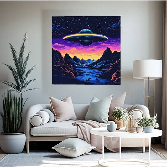 Pop-Art-Illustration eines leuchtenden UFOs im Synthwave-Stil, das über einer dunklen Silhouetten-Berglandschaft vor einem neongelben und violetten Nachthimmel mit leuchtenden Sternen schwebt.