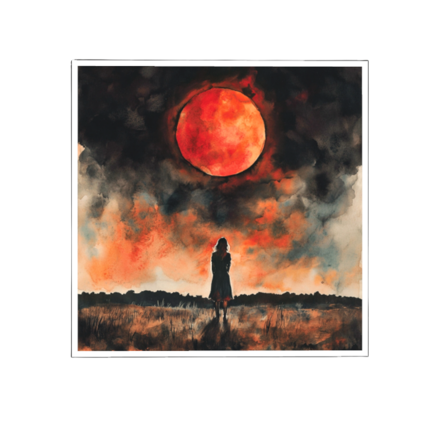 Aquarellgemälde einer weiblichen Silhouette, die einsam auf einer dunklen Wiese steht und zu einem riesigen, intensiv rot leuchtenden Blutmond aufblickt. Der Himmel ist in dramatische Schwarz-, Dunkelrot- und Orangetöne getaucht.