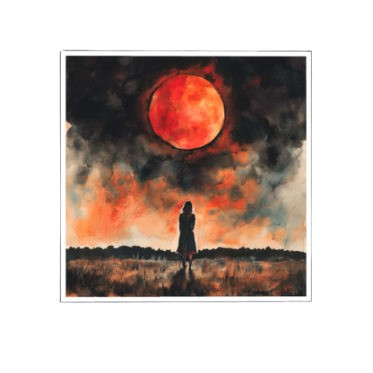Aquarellgemälde einer weiblichen Silhouette, die einsam auf einer dunklen Wiese steht und zu einem riesigen, intensiv rot leuchtenden Blutmond aufblickt. Der Himmel ist in dramatische Schwarz-, Dunkelrot- und Orangetöne getaucht.