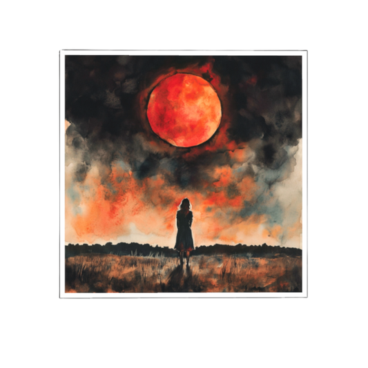 Aquarellgemälde einer weiblichen Silhouette, die einsam auf einer dunklen Wiese steht und zu einem riesigen, intensiv rot leuchtenden Blutmond aufblickt. Der Himmel ist in dramatische Schwarz-, Dunkelrot- und Orangetöne getaucht.