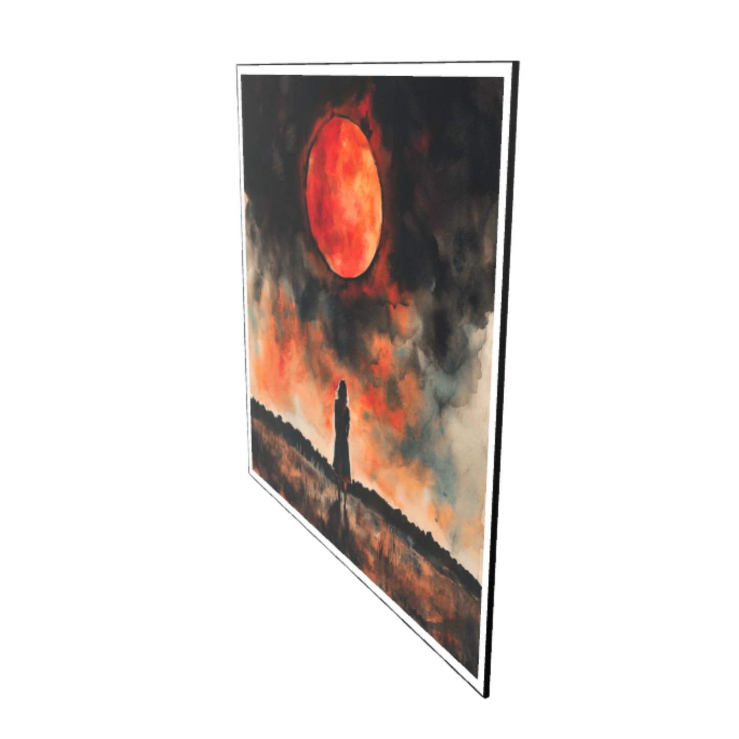 Aquarellgemälde einer weiblichen Silhouette, die einsam auf einer dunklen Wiese steht und zu einem riesigen, intensiv rot leuchtenden Blutmond aufblickt. Der Himmel ist in dramatische Schwarz-, Dunkelrot- und Orangetöne getaucht.