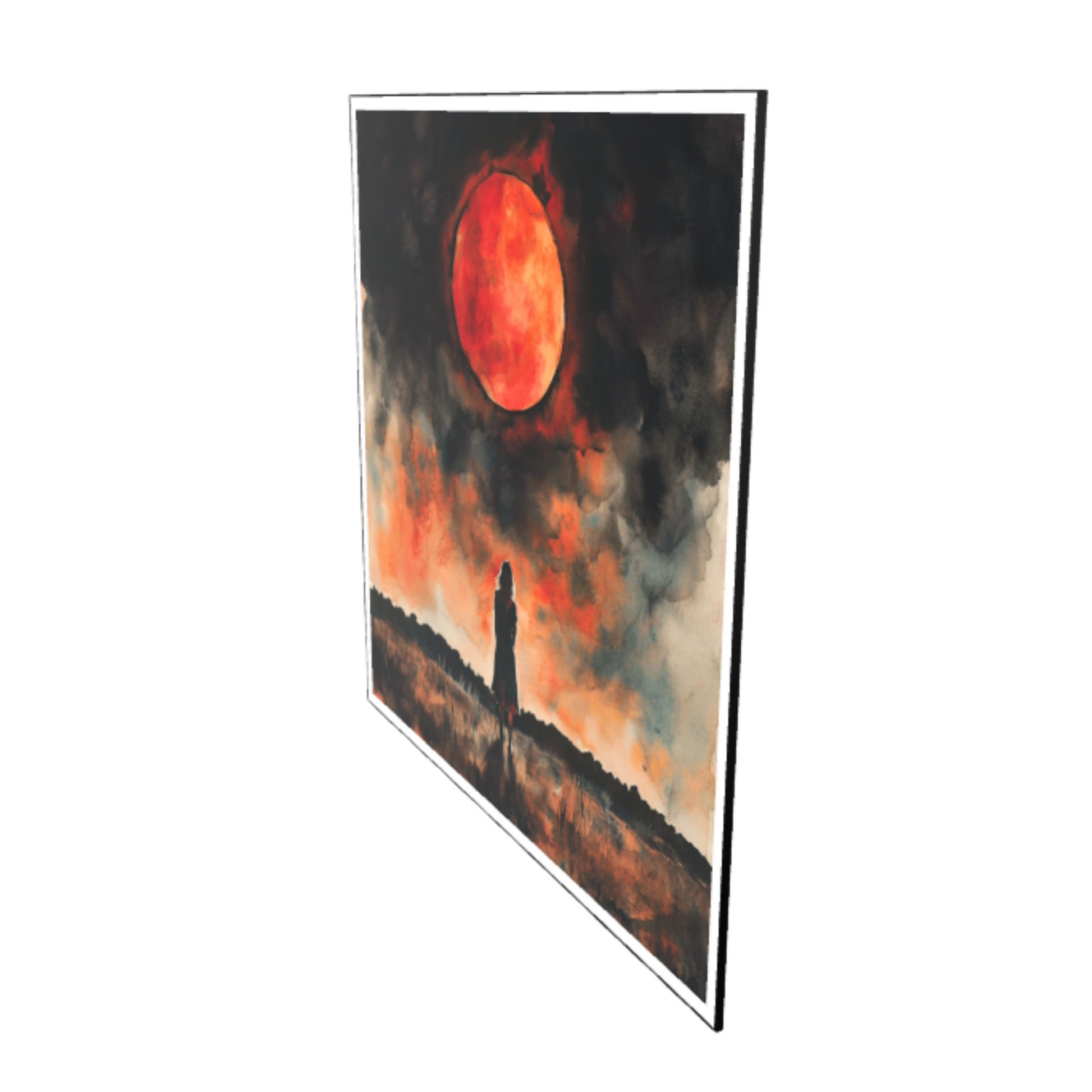 Aquarellgemälde einer weiblichen Silhouette, die einsam auf einer dunklen Wiese steht und zu einem riesigen, intensiv rot leuchtenden Blutmond aufblickt. Der Himmel ist in dramatische Schwarz-, Dunkelrot- und Orangetöne getaucht.
