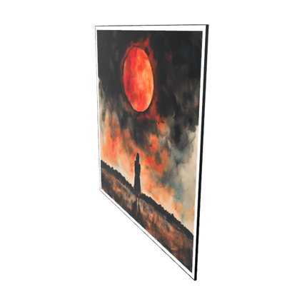 Aquarellgemälde einer weiblichen Silhouette, die einsam auf einer dunklen Wiese steht und zu einem riesigen, intensiv rot leuchtenden Blutmond aufblickt. Der Himmel ist in dramatische Schwarz-, Dunkelrot- und Orangetöne getaucht.
