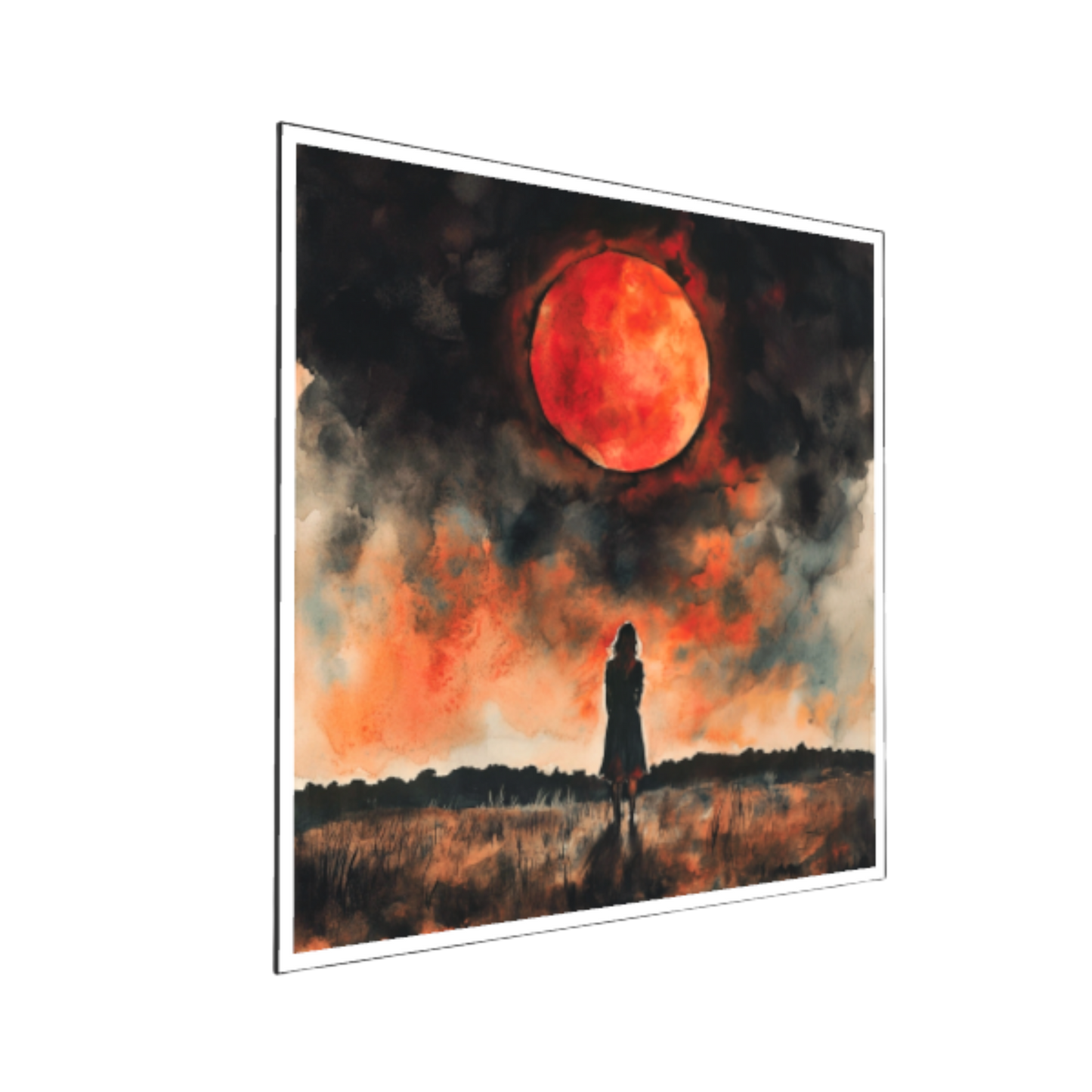 Aquarellgemälde einer weiblichen Silhouette, die einsam auf einer dunklen Wiese steht und zu einem riesigen, intensiv rot leuchtenden Blutmond aufblickt. Der Himmel ist in dramatische Schwarz-, Dunkelrot- und Orangetöne getaucht.
