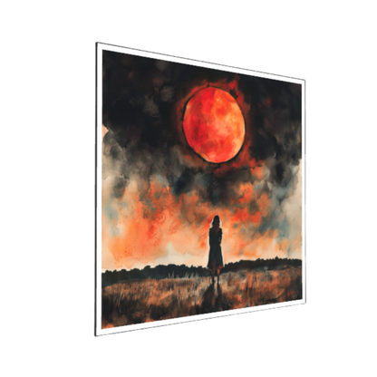 Aquarellgemälde einer weiblichen Silhouette, die einsam auf einer dunklen Wiese steht und zu einem riesigen, intensiv rot leuchtenden Blutmond aufblickt. Der Himmel ist in dramatische Schwarz-, Dunkelrot- und Orangetöne getaucht.