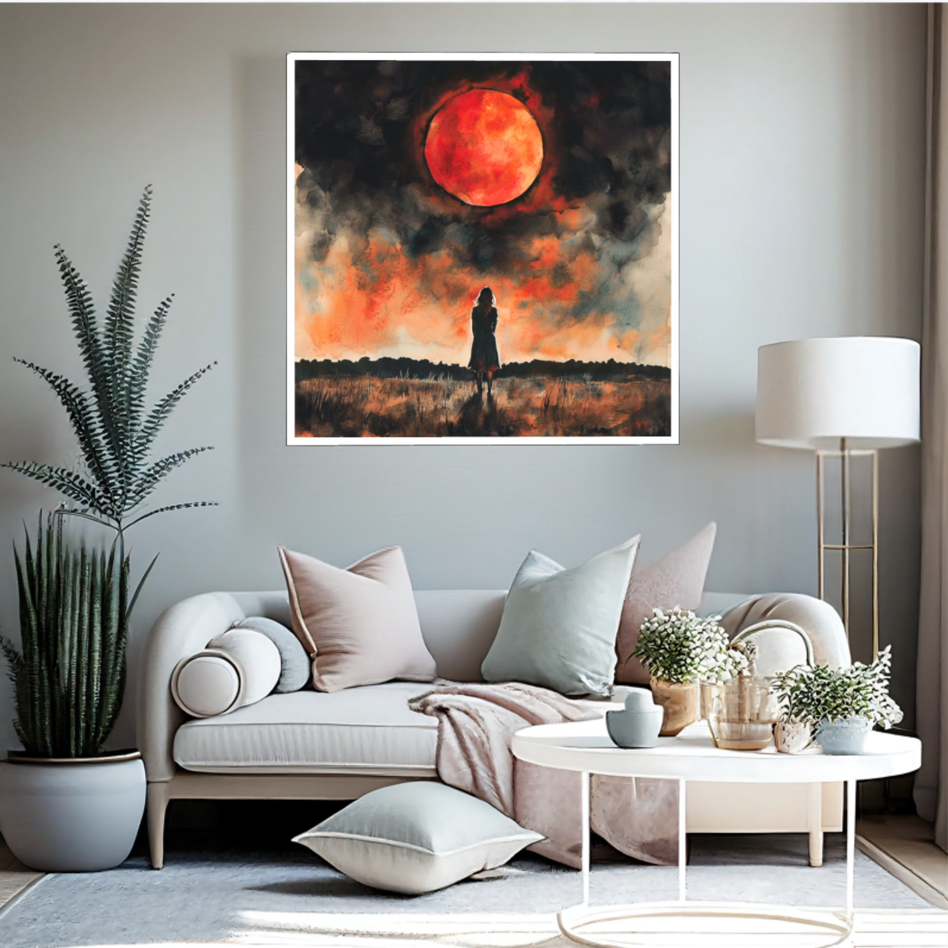 Aquarellgemälde einer weiblichen Silhouette, die einsam auf einer dunklen Wiese steht und zu einem riesigen, intensiv rot leuchtenden Blutmond aufblickt. Der Himmel ist in dramatische Schwarz-, Dunkelrot- und Orangetöne getaucht.