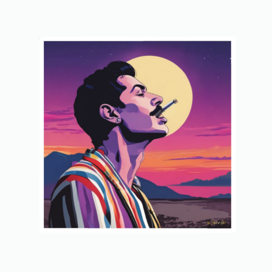 Stilvolles Pop-Art-Porträt einer Rock-Sänger-Ikone im Profil im bunten Vintage-Look vor dramatischem Abendhimmel mit leuchtendem Vollmond und Bergkulisse, gerahmt in Weiß.