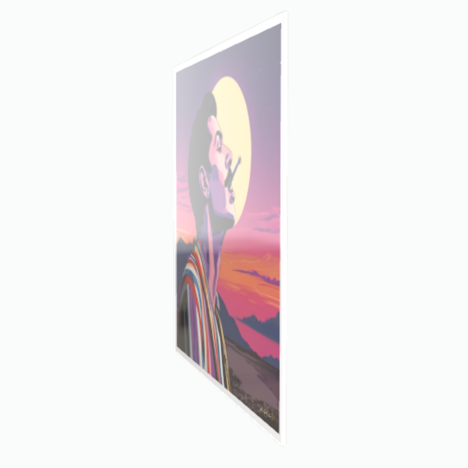 Stilvolles Pop-Art-Porträt einer Rock-Sänger-Ikone im Profil im bunten Vintage-Look vor dramatischem Abendhimmel mit leuchtendem Vollmond und Bergkulisse, gerahmt in Weiß.