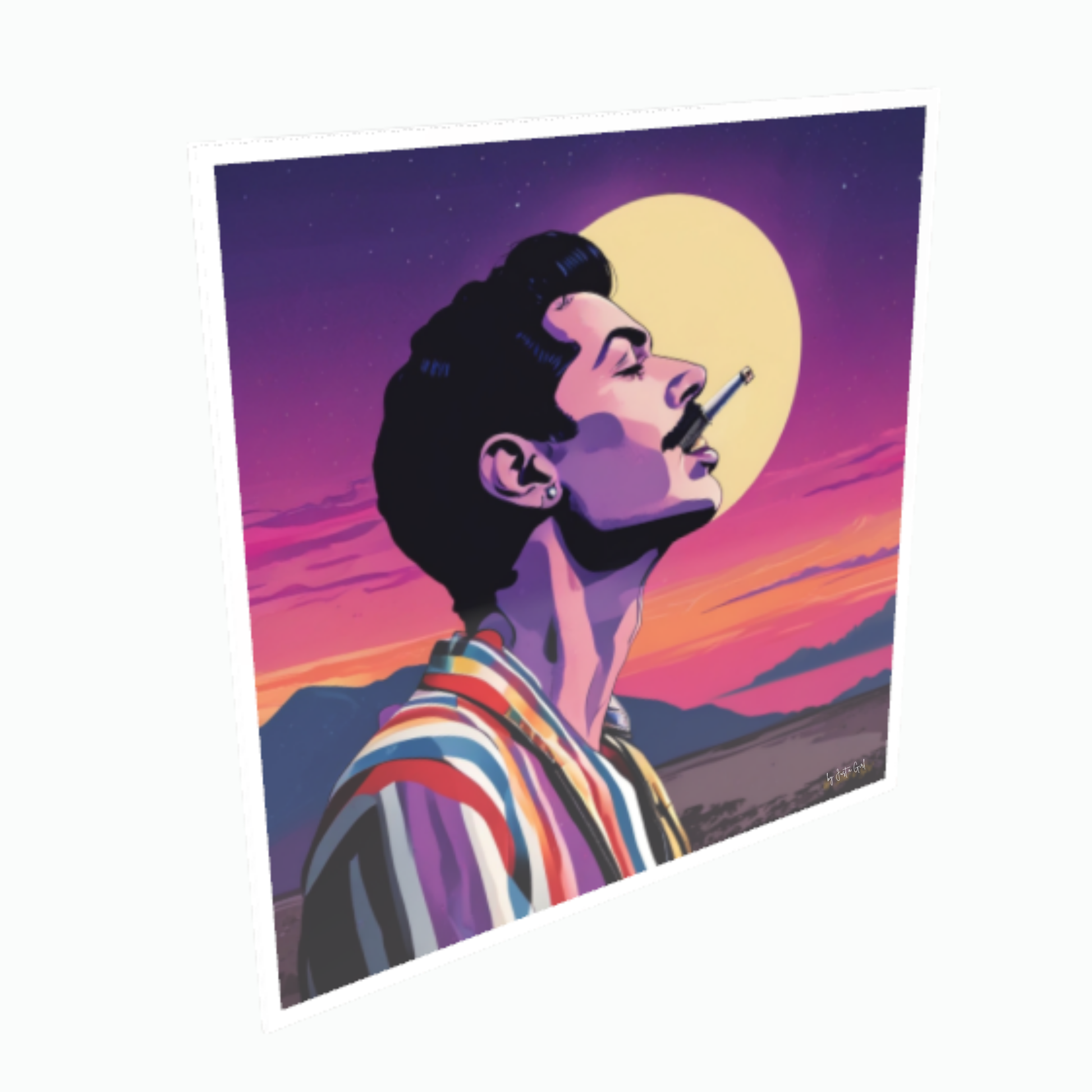 Stilvolles Pop-Art-Porträt einer Rock-Sänger-Ikone im Profil im bunten Vintage-Look vor dramatischem Abendhimmel mit leuchtendem Vollmond und Bergkulisse, gerahmt in Weiß.