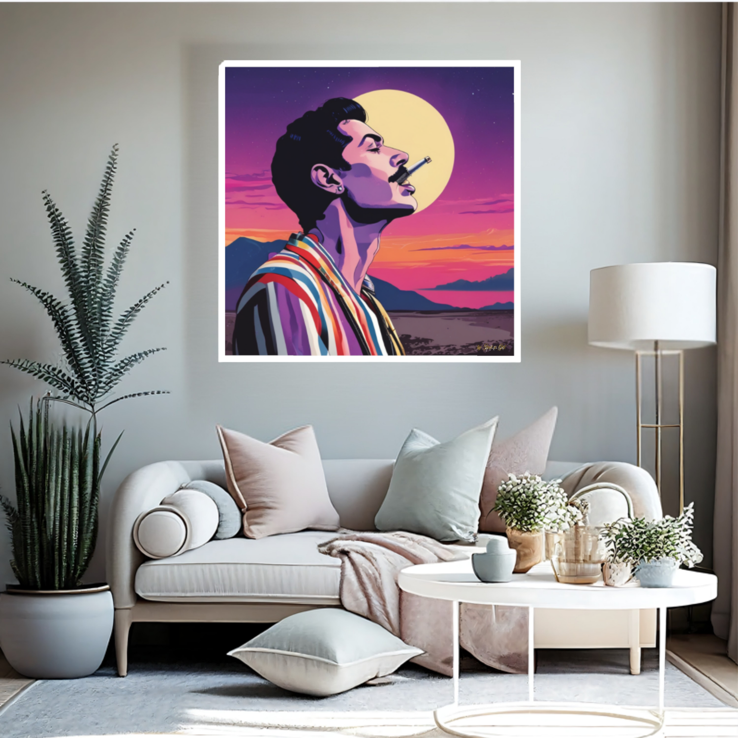 Stilvolles Pop-Art-Porträt einer Rock-Sänger-Ikone im Profil im bunten Vintage-Look vor dramatischem Abendhimmel mit leuchtendem Vollmond und Bergkulisse, gerahmt in Weiß.