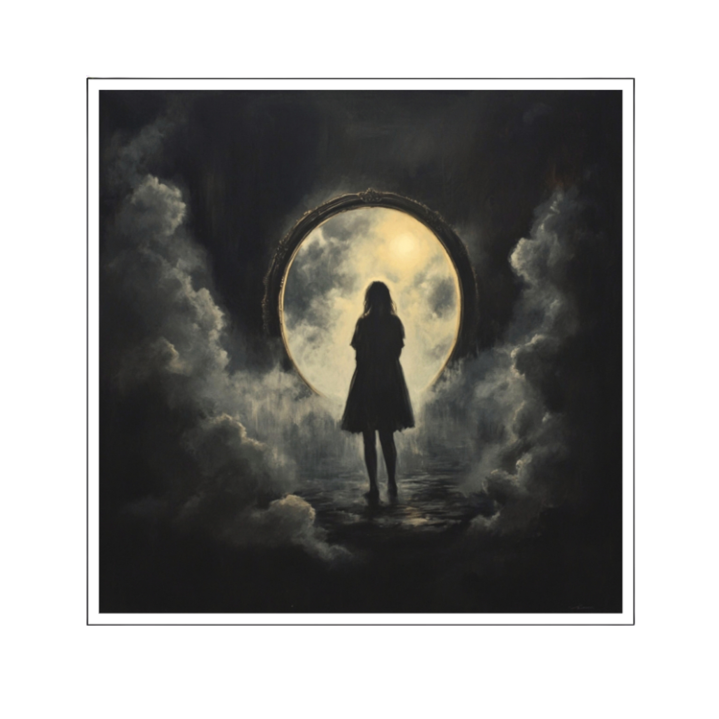 Ein düsteres, surrealistisches Kunstwerk mit dem Titel „Durch das Tor“, das die Silhouette einer Frau zeigt, die vor einem riesigen, ovalen, hell leuchtenden Portal steht. Das mystische Tor ist von dunklen, quellenden Wolkenmassen umgeben.