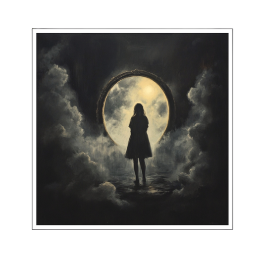 Ein düsteres, surrealistisches Kunstwerk mit dem Titel „Durch das Tor“, das die Silhouette einer Frau zeigt, die vor einem riesigen, ovalen, hell leuchtenden Portal steht. Das mystische Tor ist von dunklen, quellenden Wolkenmassen umgeben.