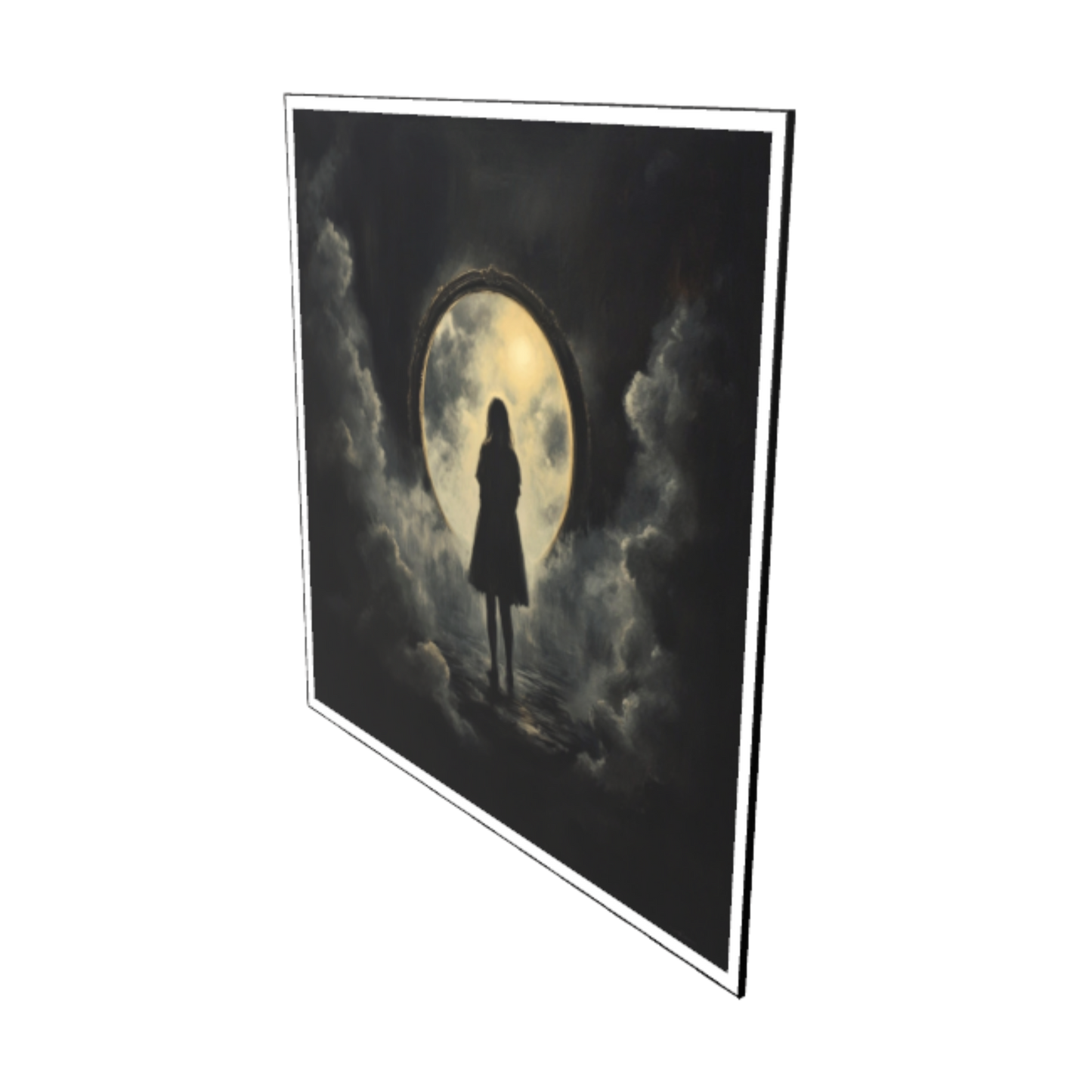 Ein düsteres, surrealistisches Kunstwerk mit dem Titel „Durch das Tor“, das die Silhouette einer Frau zeigt, die vor einem riesigen, ovalen, hell leuchtenden Portal steht. Das mystische Tor ist von dunklen, quellenden Wolkenmassen umgeben.