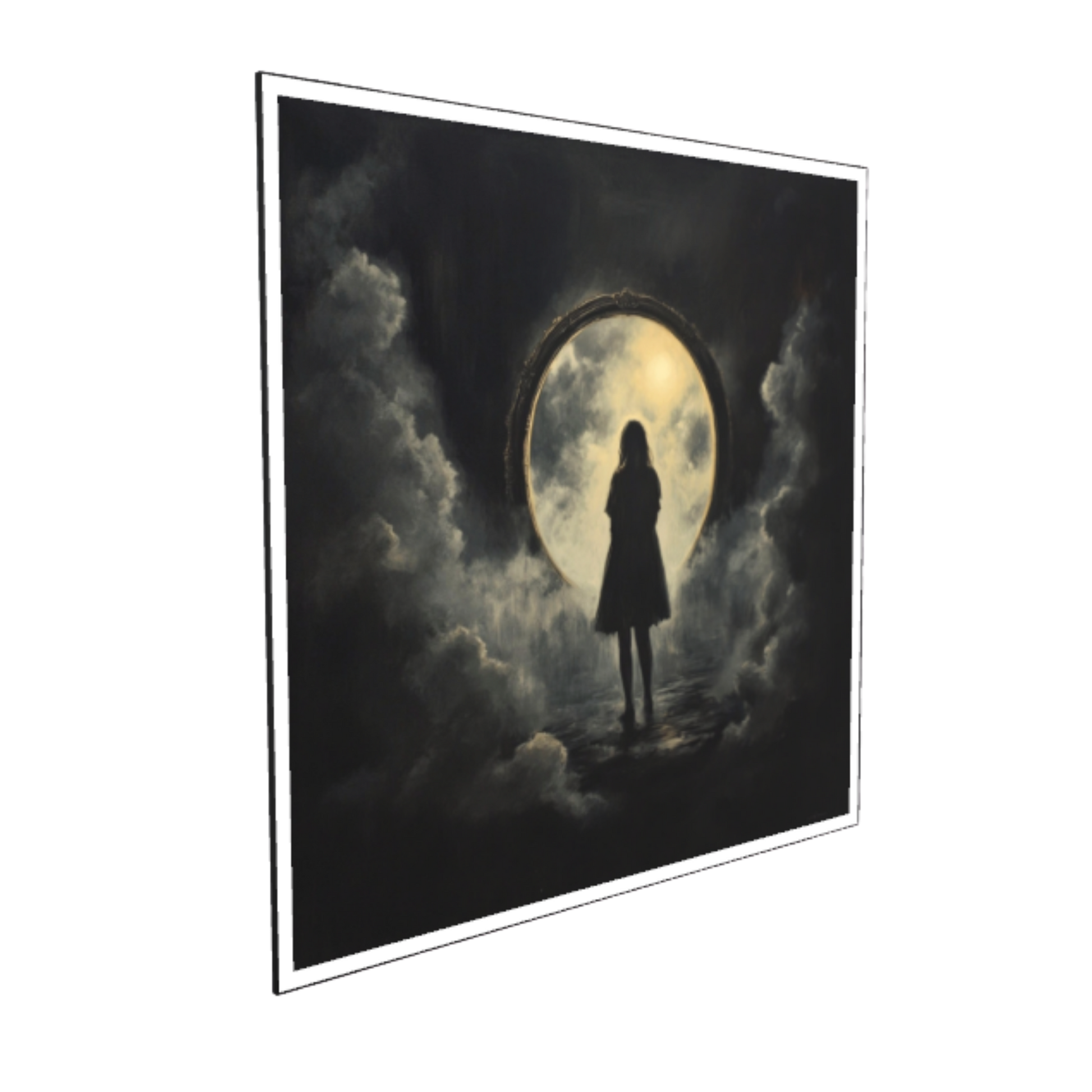 Ein düsteres, surrealistisches Kunstwerk mit dem Titel „Durch das Tor“, das die Silhouette einer Frau zeigt, die vor einem riesigen, ovalen, hell leuchtenden Portal steht. Das mystische Tor ist von dunklen, quellenden Wolkenmassen umgeben.