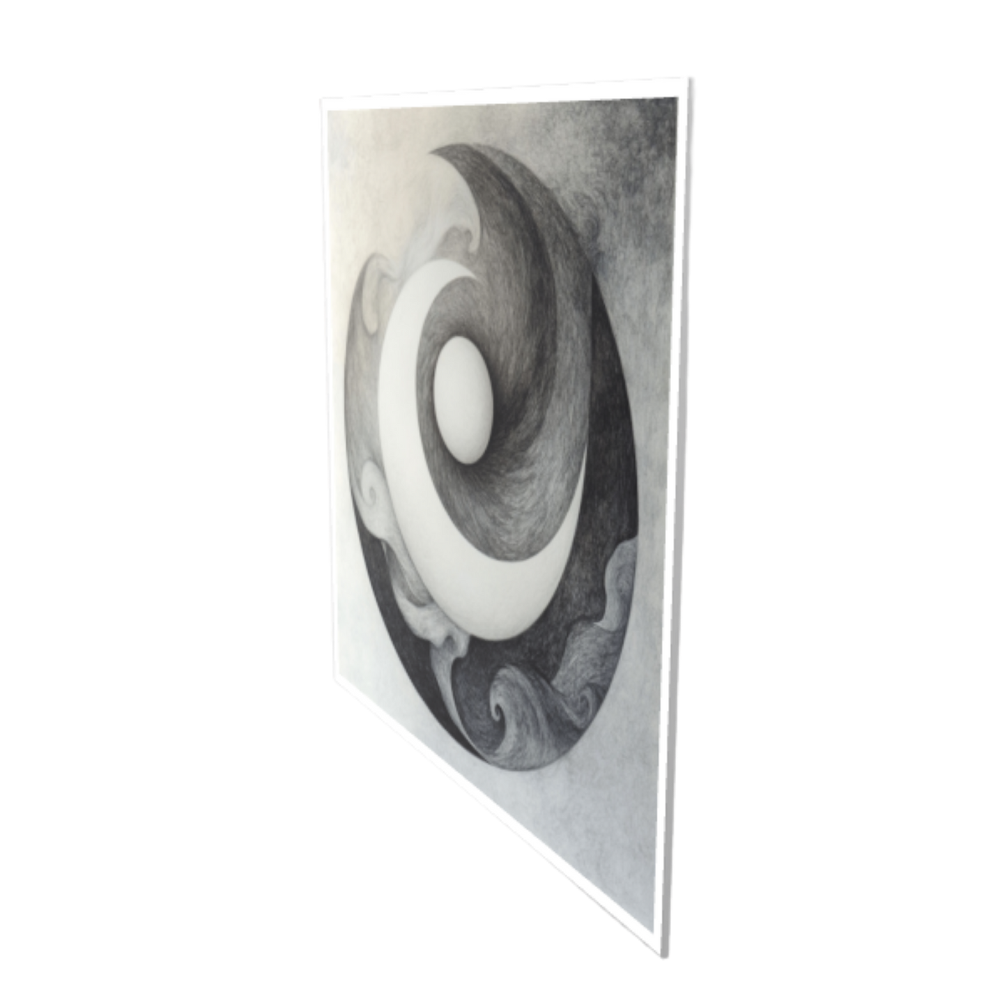 Abstraktes, monochromes Kunstwerk in kreisrunder Komposition. Feine, geschwungene Linien und strudelnde Strukturen in Grau- und Weißtönen umgeben eine zentral leuchtende, sphärische Form.