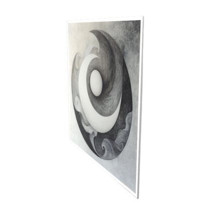 Abstraktes, monochromes Kunstwerk in kreisrunder Komposition. Feine, geschwungene Linien und strudelnde Strukturen in Grau- und Weißtönen umgeben eine zentral leuchtende, sphärische Form.