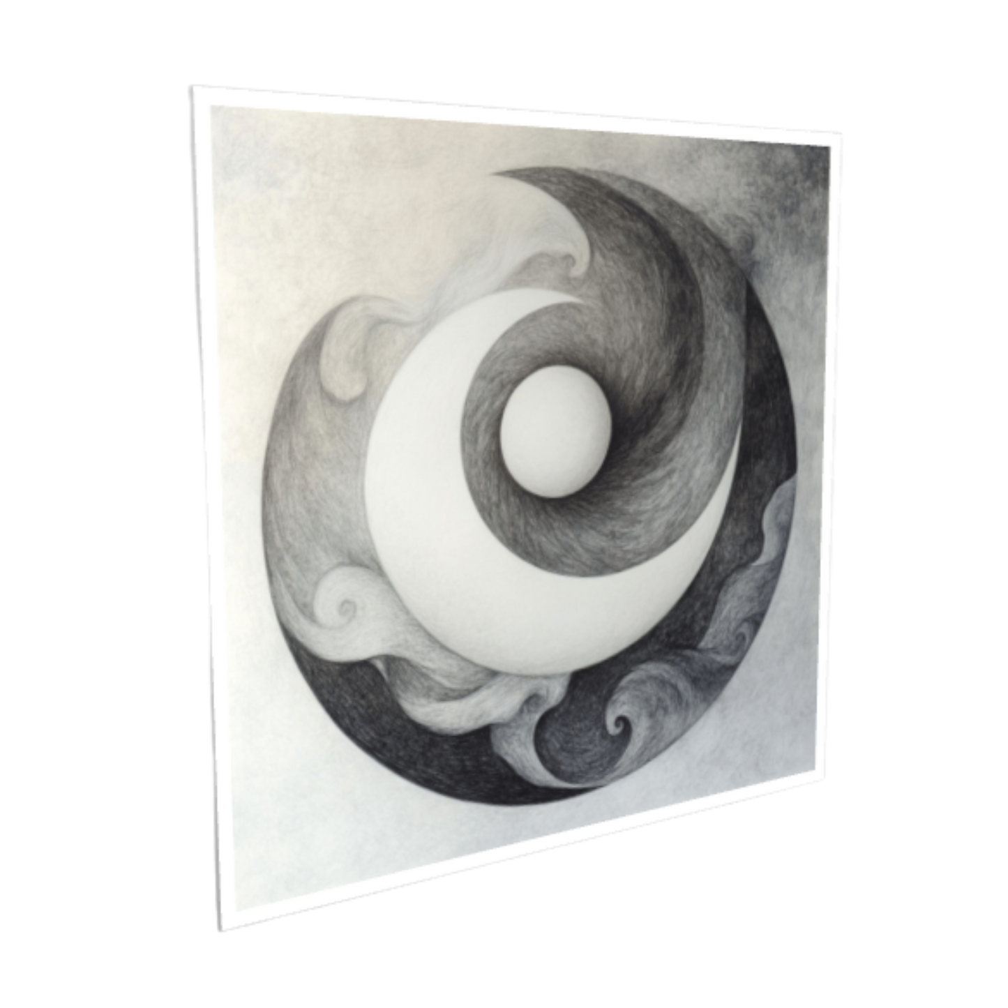 Abstraktes, monochromes Kunstwerk in kreisrunder Komposition. Feine, geschwungene Linien und strudelnde Strukturen in Grau- und Weißtönen umgeben eine zentral leuchtende, sphärische Form.