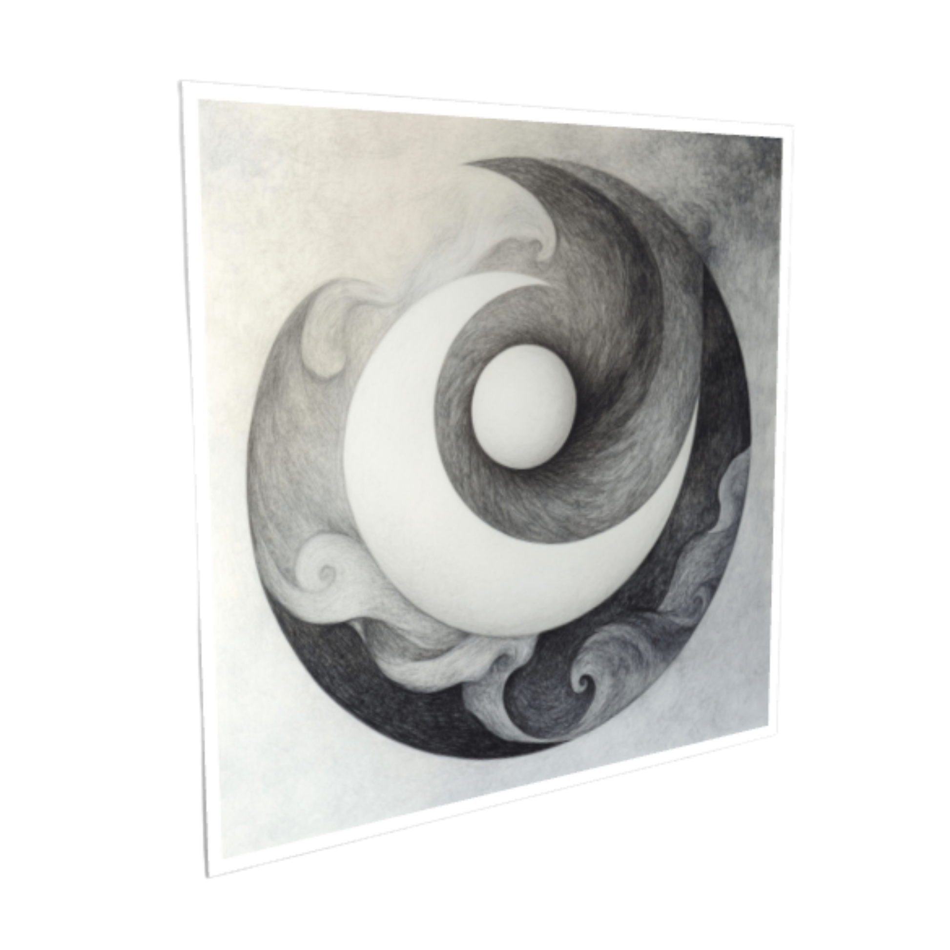 Abstraktes, monochromes Kunstwerk in kreisrunder Komposition. Feine, geschwungene Linien und strudelnde Strukturen in Grau- und Weißtönen umgeben eine zentral leuchtende, sphärische Form.