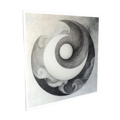Abstraktes, monochromes Kunstwerk in kreisrunder Komposition. Feine, geschwungene Linien und strudelnde Strukturen in Grau- und Weißtönen umgeben eine zentral leuchtende, sphärische Form.