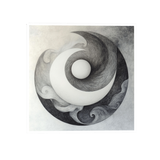 Abstraktes, monochromes Kunstwerk in kreisrunder Komposition. Feine, geschwungene Linien und strudelnde Strukturen in Grau- und Weißtönen umgeben eine zentral leuchtende, sphärische Form.