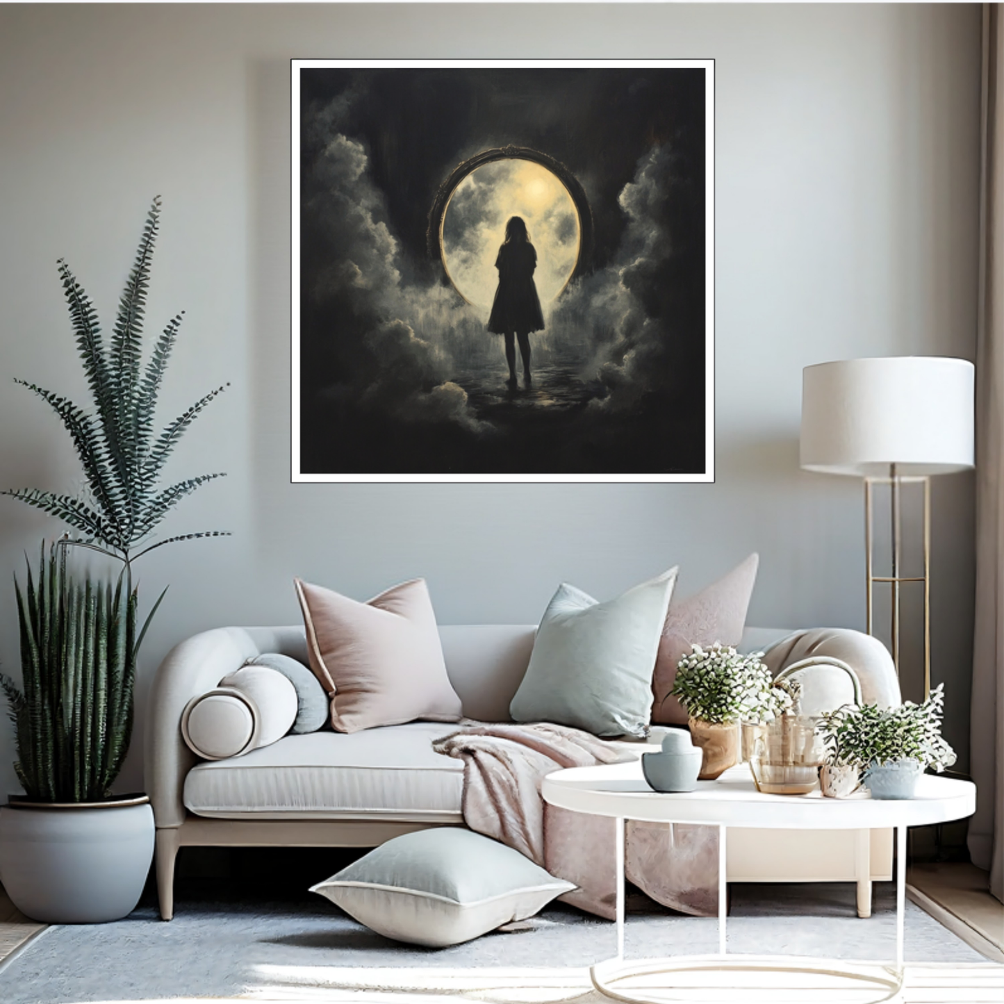 Ein düsteres, surrealistisches Kunstwerk mit dem Titel „Durch das Tor“, das die Silhouette einer Frau zeigt, die vor einem riesigen, ovalen, hell leuchtenden Portal steht. Das mystische Tor ist von dunklen, quellenden Wolkenmassen umgeben.