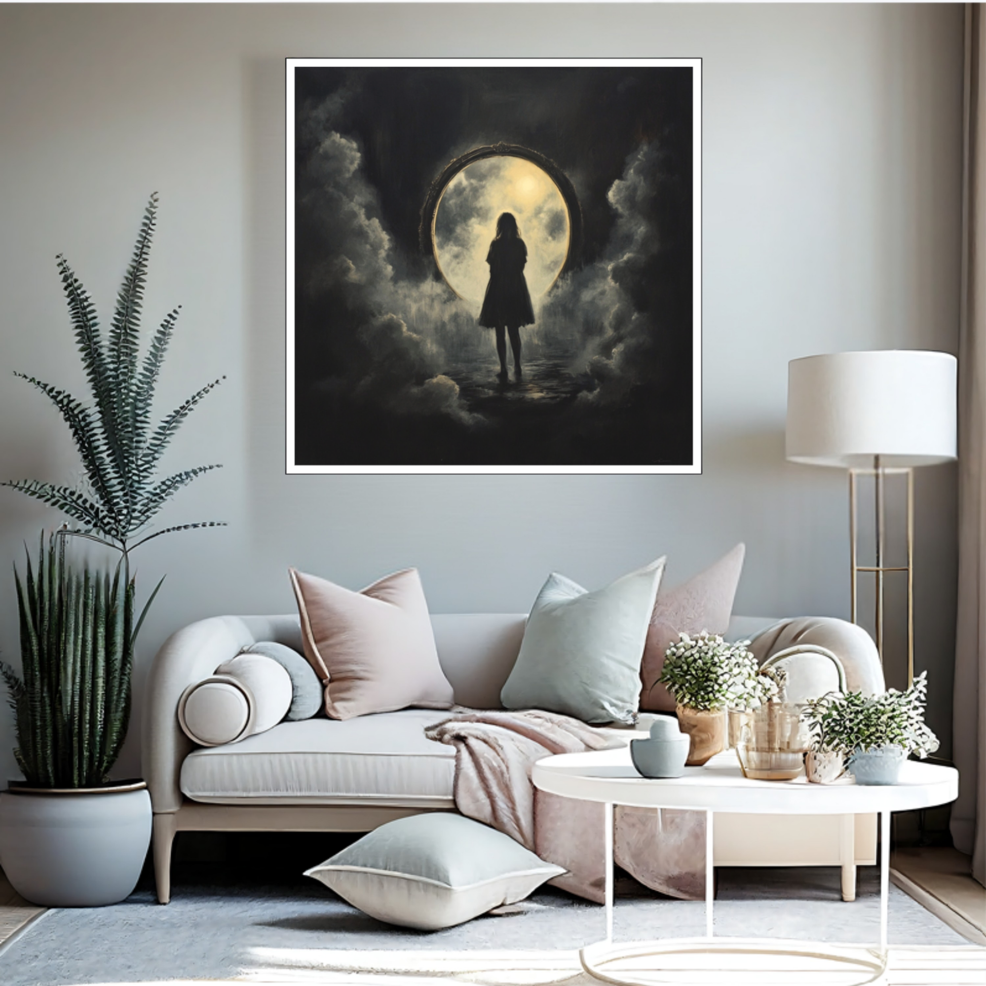 Ein düsteres, surrealistisches Kunstwerk mit dem Titel „Durch das Tor“, das die Silhouette einer Frau zeigt, die vor einem riesigen, ovalen, hell leuchtenden Portal steht. Das mystische Tor ist von dunklen, quellenden Wolkenmassen umgeben.