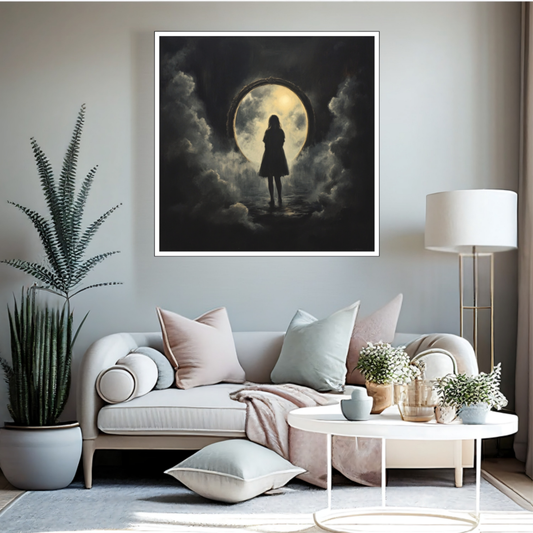 Ein düsteres, surrealistisches Kunstwerk mit dem Titel „Durch das Tor“, das die Silhouette einer Frau zeigt, die vor einem riesigen, ovalen, hell leuchtenden Portal steht. Das mystische Tor ist von dunklen, quellenden Wolkenmassen umgeben.