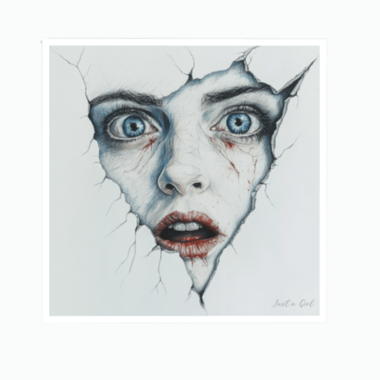 Ein surrealistisches Porträt einer Frau, deren Gesicht durch Risse aus einer weißen Wand hervorbricht. Sie hat weit geöffnete, intensiv blaue Augen, einen leicht geöffneten Mund mit rötlichem Lippenstift und feine Risse auf der blassen Haut.
