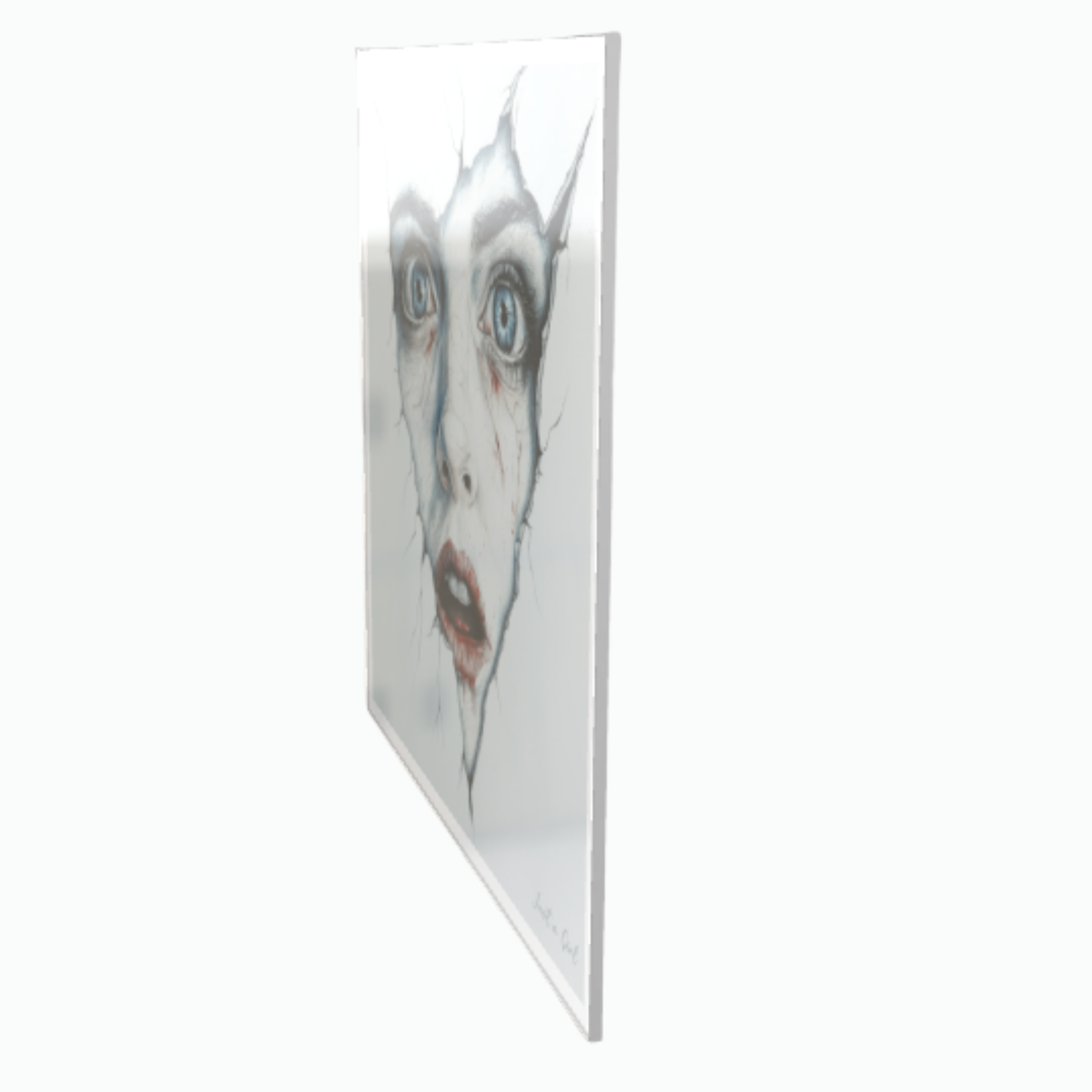 Ein surrealistisches Porträt einer Frau, deren Gesicht durch Risse aus einer weißen Wand hervorbricht. Sie hat weit geöffnete, intensiv blaue Augen, einen leicht geöffneten Mund mit rötlichem Lippenstift und feine Risse auf der blassen Haut.