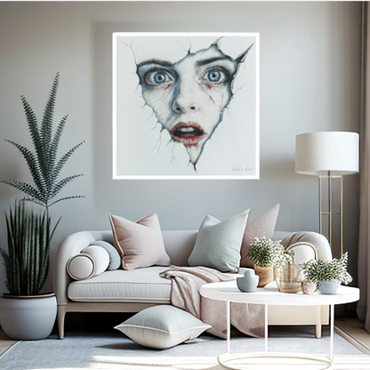 Ein surrealistisches Porträt einer Frau, deren Gesicht durch Risse aus einer weißen Wand hervorbricht. Sie hat weit geöffnete, intensiv blaue Augen, einen leicht geöffneten Mund mit rötlichem Lippenstift und feine Risse auf der blassen Haut.