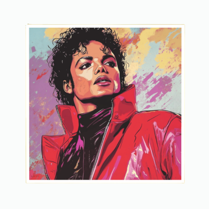 Ausdrucksstarkes Pop-Art-Porträt einer Pop-Legende in roter Jacke vor buntem Hintergrund mit Gelb-, Violett- und Türkistönen, gerahmt in Gold.