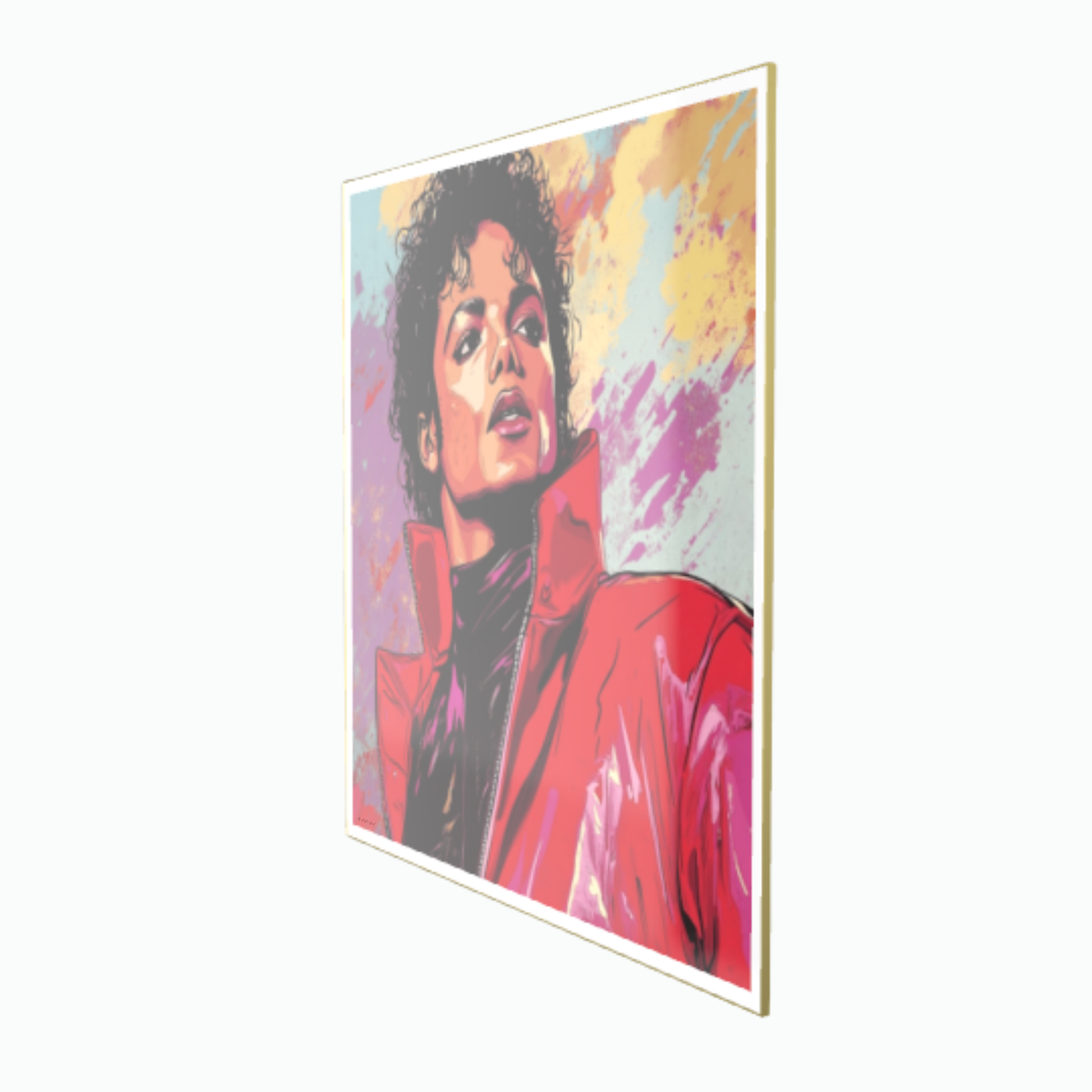 Ausdrucksstarkes Pop-Art-Porträt einer Pop-Legende in roter Jacke vor buntem Hintergrund mit Gelb-, Violett- und Türkistönen, gerahmt in Gold.