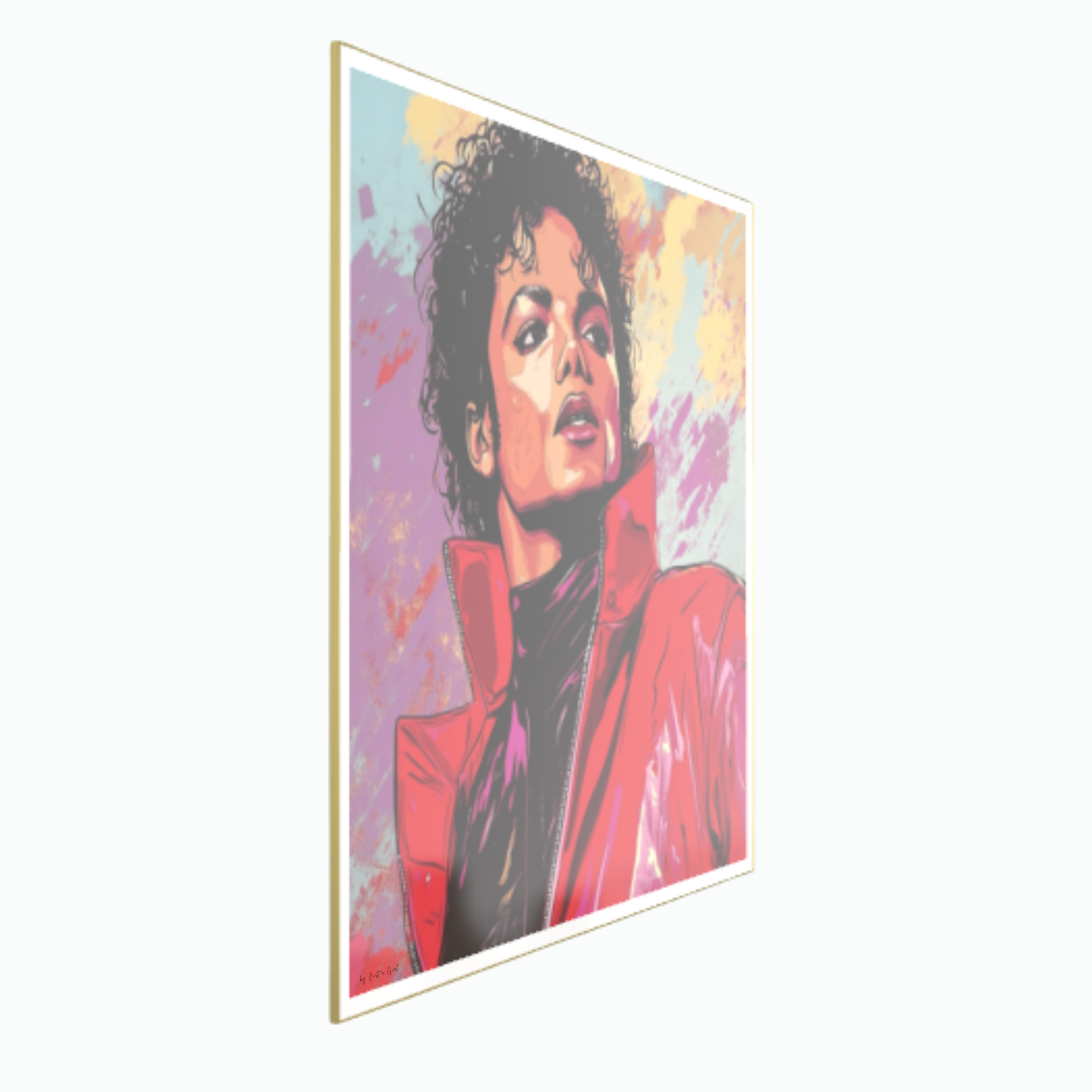 Ausdrucksstarkes Pop-Art-Porträt einer Pop-Legende in roter Jacke vor buntem Hintergrund mit Gelb-, Violett- und Türkistönen, gerahmt in Gold.