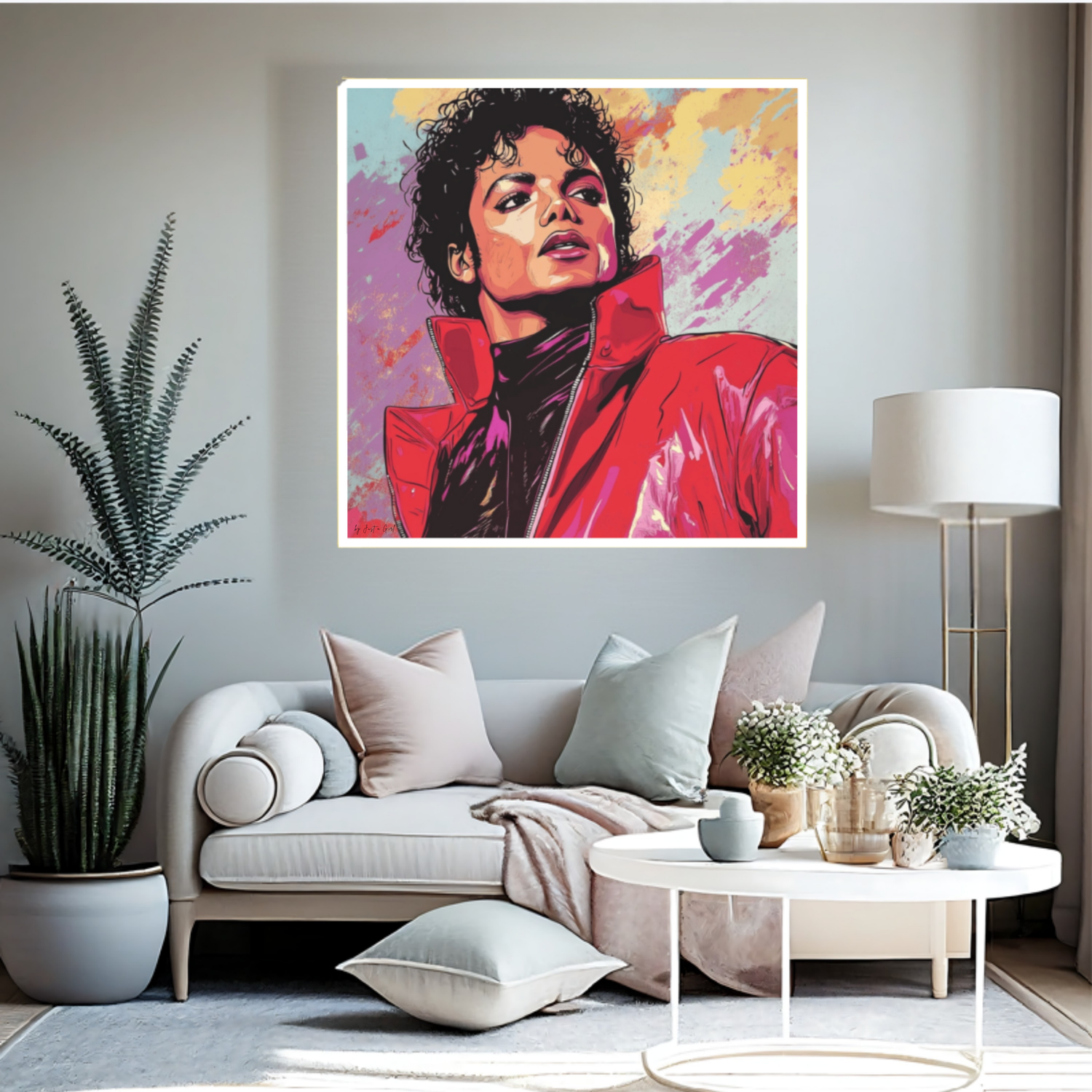 Ausdrucksstarkes Pop-Art-Porträt einer Pop-Legende in roter Jacke vor buntem Hintergrund mit Gelb-, Violett- und Türkistönen, gerahmt in Gold.
