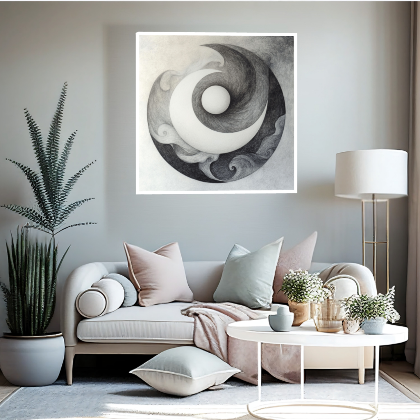 Abstraktes, monochromes Kunstwerk in kreisrunder Komposition. Feine, geschwungene Linien und strudelnde Strukturen in Grau- und Weißtönen umgeben eine zentral leuchtende, sphärische Form.