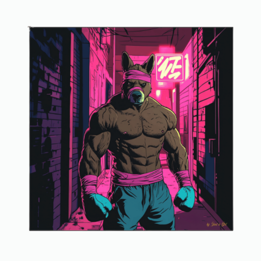 Pop-Art-Illustration eines anthropomorphen Kängurus als durchtrainierter Boxer im Kampfsport-Outfit, stehend in einer von pinken Neonlichtern erleuchteten urbanen Gasse, gerahmt in Schwarz.