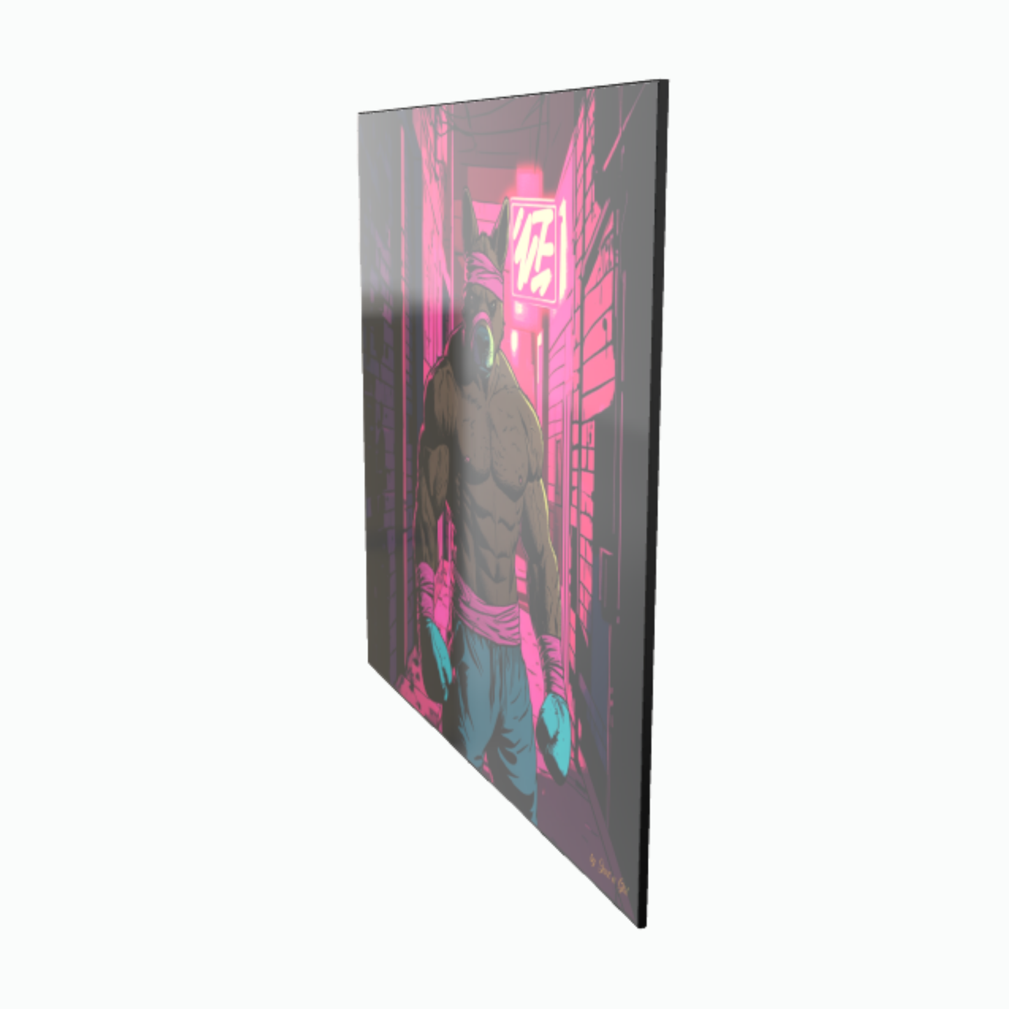 Pop-Art-Illustration eines anthropomorphen Kängurus als durchtrainierter Boxer im Kampfsport-Outfit, stehend in einer von pinken Neonlichtern erleuchteten urbanen Gasse, gerahmt in Schwarz.