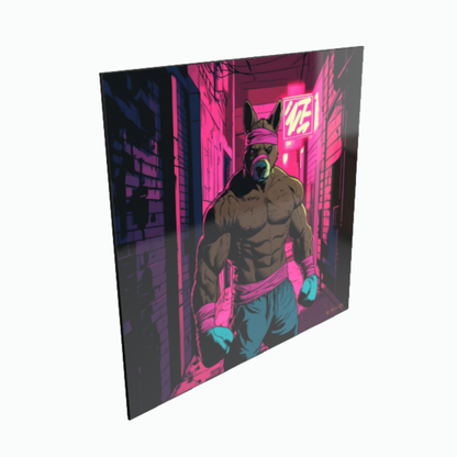Pop-Art-Illustration eines anthropomorphen Kängurus als durchtrainierter Boxer im Kampfsport-Outfit, stehend in einer von pinken Neonlichtern erleuchteten urbanen Gasse, gerahmt in Schwarz.