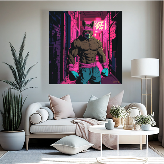 Pop-Art-Illustration eines anthropomorphen Kängurus als durchtrainierter Boxer im Kampfsport-Outfit, stehend in einer von pinken Neonlichtern erleuchteten urbanen Gasse, gerahmt in Schwarz.