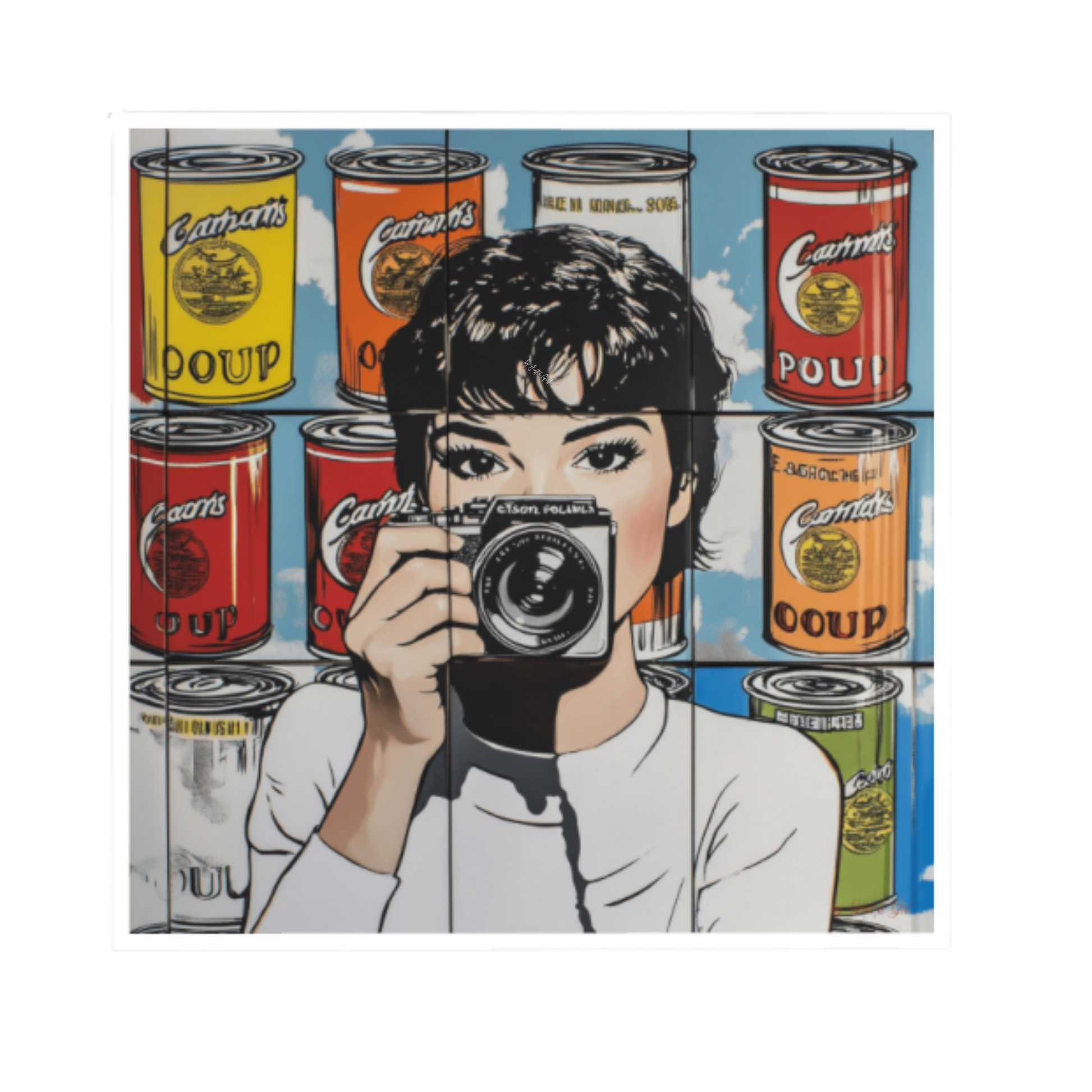 Grafik im Pop-Art-Stil mit einer Frau, die eine Vintage-Kamera auf den Betrachter richtet. Dahinter erstreckt sich eine Wand aus illustrierten Suppendosen in Gelb, Rot und Orange vor blauem Himmel.