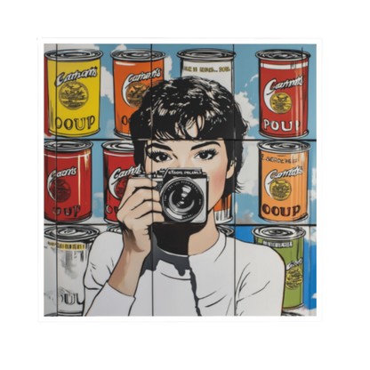Grafik im Pop-Art-Stil mit einer Frau, die eine Vintage-Kamera auf den Betrachter richtet. Dahinter erstreckt sich eine Wand aus illustrierten Suppendosen in Gelb, Rot und Orange vor blauem Himmel.