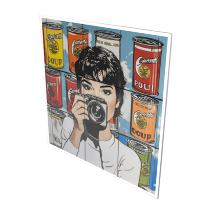 Grafik im Pop-Art-Stil mit einer Frau, die eine Vintage-Kamera auf den Betrachter richtet. Dahinter erstreckt sich eine Wand aus illustrierten Suppendosen in Gelb, Rot und Orange vor blauem Himmel.