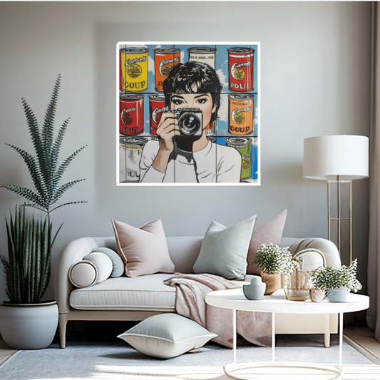 Grafik im Pop-Art-Stil mit einer Frau, die eine Vintage-Kamera auf den Betrachter richtet. Dahinter erstreckt sich eine Wand aus illustrierten Suppendosen in Gelb, Rot und Orange vor blauem Himmel.