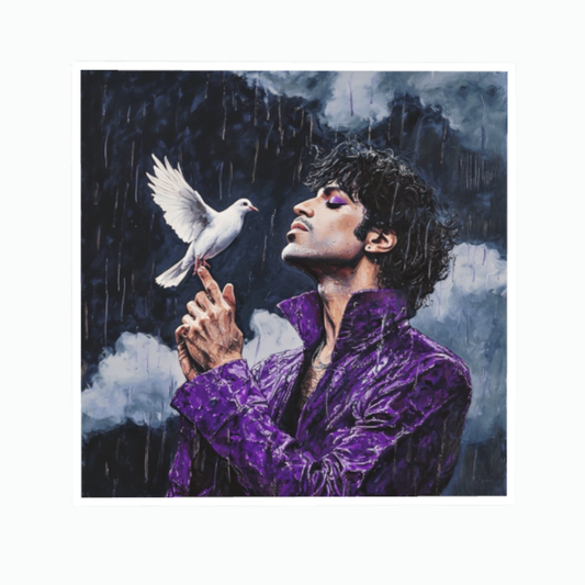 Stilvolles Porträt eines legendären Musikers im violetten Mantel mit einer weißen Taube auf der Hand im Regen vor dunklem Hintergrund, gerahmt in Silber.