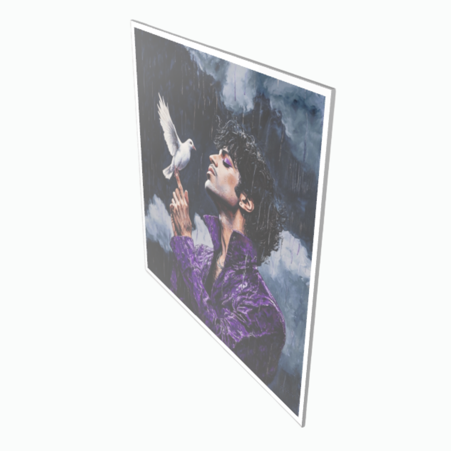 Stilvolles Porträt eines legendären Musikers im violetten Mantel mit einer weißen Taube auf der Hand im Regen vor dunklem Hintergrund, gerahmt in Silber.